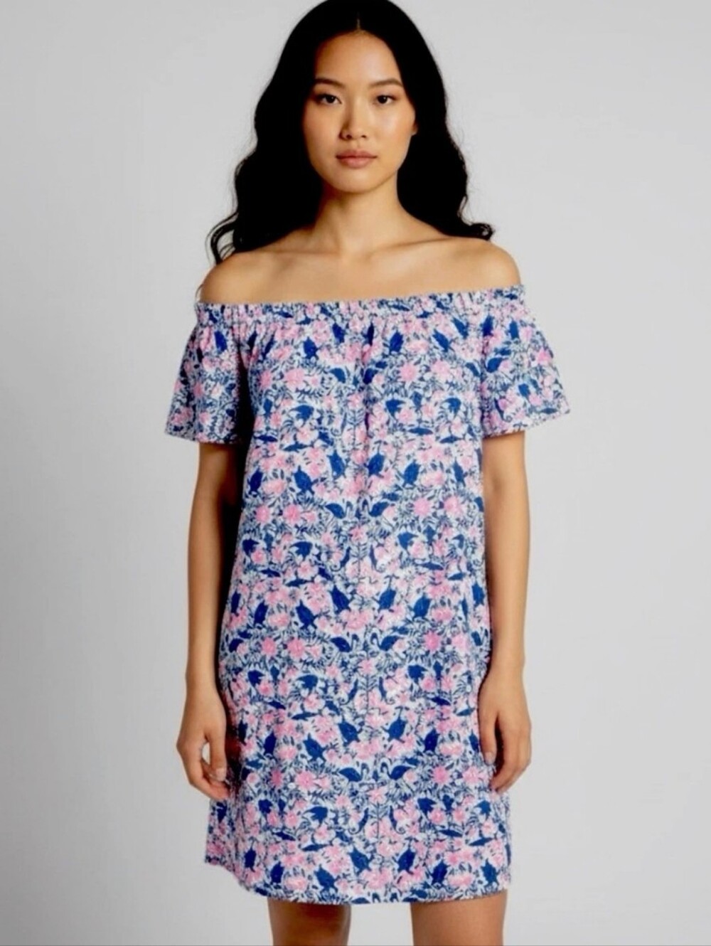 Vineyard Vines linen and cotton blend sea turtle print off the shoulder dress